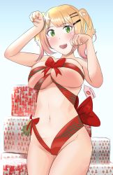 Rule 34 | absurdres, blonde hair, bow, breasts, chadgarciaburg, christmas, green eyes, highres, hololive, momosuzu nene, red bow, red ribbon, ribbon, self-upload, solo, thighs, virtual youtuber
