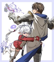 Rule 34 | 1girl, 2boys, adventurer (ff14), ahoge, alcohol, alisaie leveilleur, alphinaud leveilleur, armor, arrow (symbol), blue eyes, blush, boots, border, bottle, braid, braided ponytail, brother and sister, brown hair, cape, cheek press, chibi, chibi inset, chinese commentary, commentary request, drinking, drunk, earclip, elezen, elf, facepalm, feet out of frame, final fantasy, final fantasy xiv, fingerless gloves, gauntlets, glomp, gloves, greaves, hair over one eye, hair ribbon, half-closed eye, heart, height difference, highres, holding, holding bottle, hug, hyur, jacket, leg up, long hair, long sleeves, looking at another, multiple boys, one eye covered, open mouth, outstretched arms, pointy ears, purple border, red gloves, red jacket, ribbon, shirt, shorts, siblings, single braid, spoken heart, standing, standing on one leg, sweatdrop, thigh boots, torso grab, warrior of light (ff14), white background, white cape, white footwear, white hair, white shirt, white shorts, wuliu heihuo
