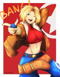 Rule 34 | 1girl, absurdres, belt, blonde hair, blue eyes, blue mary, breasts, fingerless gloves, gloves, highres, jacket, midriff, one eye closed, open mouth, smile, snk, the king of fighters