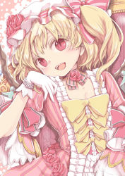 Rule 34 | 1girl, alternate costume, blonde hair, bow, chikado, detached collar, dress, eyelashes, flandre scarlet, flower, frills, gem, gloves, hat, hat ribbon, looking at viewer, mob cap, open mouth, pearl (gemstone), puffy short sleeves, puffy sleeves, red dress, red eyes, red flower, red rose, ribbon, rose, short sleeves, side ponytail, sitting, slit pupils, smile, solo, striped clothes, striped dress, striped ribbon, teeth, throne, touhou, white gloves, wings, yellow bow