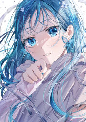 Rule 34 | 1girl, blue eyes, blue hair, blue nails, blush, butterfly-shaped pupils, butterfly earrings, commentary, earrings, english commentary, flower, grey hoodie, hair flower, hair ornament, highres, hood, hoodie, jewelry, long hair, long sleeves, looking at viewer, mahiru yura, nail polish, original, parted lips, shadow, simple background, smile, solo, symbol-shaped pupils, upper body, white background