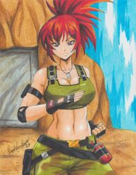 Rule 34 | 1girl, 2023, absurdres, bell, breasts, cleavage, fingerless gloves, gloves, highres, large breasts, leona heidern, military, navel, outdoors, ponytail, ravernclouk design, red eyes, red hair, snk, solo, the king of fighters, the king of fighters &#039;98, the king of fighters xv, traditional media, water, waterfall
