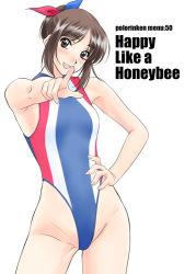 Rule 34 | 1girl, brown eyes, brown hair, competition swimsuit, cowboy shot, hair ribbon, hand on own hip, head tilt, highleg, highleg swimsuit, morii kaho, one-piece swimsuit, open mouth, pointing, polorinken, ribbon, sentimental graffiti, simple background, solo, swimsuit, white background