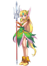 Rule 34 | 1girl, blonde hair, blue eyes, boots, breasts, bridal gauntlets, cleavage, downscaled, forehead jewel, full body, head wings, highres, holding, holding polearm, holding spear, holding weapon, long hair, looking at viewer, low-tied long hair, md5 mismatch, medium breasts, million arthur (series), million arthur arcana blood, official art, polearm, resized, riesz, seiken densetsu, seiken densetsu 3, serious, simple background, solo, spear, very long hair, weapon, white background, wings