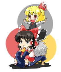 Rule 34 | 00s, 1boy, 2girls, :d, blonde hair, bow, brown hair, buront, chibi, chibi on head, crossover, elf, elvaan, embodiment of scarlet devil, final fantasy, final fantasy xi, hakurei reimu, multiple girls, on head, open mouth, person on head, pointy ears, red eyes, rumia, short hair, silver hair, smile, the iron of yin and yang, touhou, wabi (wbsk), wabi tsubaki