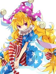 Rule 34 | 1girl, alternate hairstyle, american flag dress, american flag legwear, blonde hair, bow, clownpiece, commentary request, dress, fairy wings, grin, hair bow, hat, highres, jester cap, long hair, looking at viewer, neck ruff, nikorashi-ka, pantyhose, pointy ears, polka dot, purple eyes, short dress, short sleeves, simple background, sitting, slit pupils, smile, solo, star (symbol), star print, striped, teeth, touhou, twintails, v arms, very long hair, white background, wings