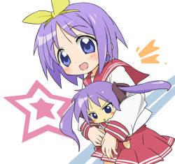 Rule 34 | 00s, 2girls, :o, ^^^, blue eyes, blush, chibi, hiiragi kagami, hiiragi tsukasa, holding, ixy, lucky star, mini person, minigirl, multiple girls, open mouth, pink hair, pleated skirt, red skirt, sailor collar, school uniform, serafuku, short hair, siblings, simple background, sisters, size difference, skirt, surprised, twins, twintails, white background
