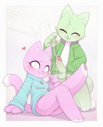 Rule 34 | 1boy, 1girl, antho, cat, copyright notice, cum, cum on body, exaggerated limbs, furry, furry female, furry male, furry with furry, kekitopu, non-web source, pink fur, simplified eyes, tagme, uncensored