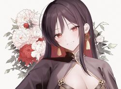 Rule 34 | 1girl, absurdres, black hair, bouquet, breasts, dress, earrings, flower, goddess of victory: nikke, highres, jewelry, kumo tabetai, large breasts, looking at viewer, moran (nikke), multicolored hair, red eyes, red hair, simple background, smile, solo, upper body, white background