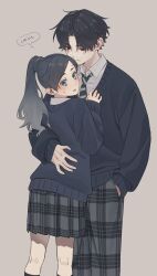 Rule 34 | 1boy, 1girl, black hair, black socks, blue eyes, blue sweater, collared shirt, earrings, feet out of frame, grey background, grey hair, grey pants, grey shirt, grey skirt, hair over eyes, hand in pocket, hand on another&#039;s chest, height difference, hetero, highres, hug, jewelry, long hair, long sleeves, looking at another, looking to the side, mi (pic52pic), miniskirt, necktie, nervous, original, pants, parted bangs, plaid, plaid pants, plaid skirt, pleated skirt, ponytail, red eyes, school uniform, shirt, short hair, skirt, socks, standing, striped necktie, stud earrings, sweat, sweater, white shirt