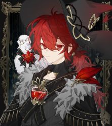 Rule 34 | 1boy, alternate costume, animal, animal on shoulder, bird, bird on shoulder, black hat, closed mouth, diluc (genshin impact), feathers, fur trim, genshin impact, hair between eyes, hat, highres, long hair, looking at viewer, male focus, persimmon (lsxh3), ponytail, red eyes, red hair, sidelocks, solo, torn clothes, torn hat, very long hair, witch hat