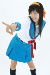 Rule 34 | cosplay, hair ribbon, highres, minazuki naru, photo (medium), ribbon, sailor, school uniform, serafuku, socks, suzumiya haruhi, suzumiya haruhi no yuuutsu