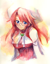 Rule 34 | 1girl, aty, aty (summon night), bad id, bad pixiv id, blue eyes, blush, brooch, cape, glasses, hat, jewelry, kurose kousuke, long hair, looking at viewer, painting (medium), red hair, ribbed sweater, smile, solo, summon night, summon night 3, sweater, traditional media, upper body, watercolor (medium)