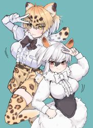 Rule 34 | &gt;:), 2girls, a888 n22, absurdres, animal ears, animal print, arm up, belt, black bow, black bowtie, black hair, blonde hair, blue background, bow, bowtie, breast pocket, breasts, center frills, closed mouth, colored inner hair, corset, dress, elbow gloves, frills, fur collar, fur scarf, gloves, hair between eyes, hand on own hip, height difference, highres, jaguar (kemono friends), jaguar ears, jaguar girl, jaguar print, jaguar tail, kemono friends, large breasts, long sleeves, looking at viewer, medium breasts, medium hair, miniskirt, multicolored hair, multiple girls, pocket, print gloves, print skirt, print thighhighs, red eyes, scarf, simple background, skirt, smile, southern tamandua (kemono friends), tail, tamandua ears, tamandua tail, taut clothes, thick eyebrows, thighhighs, v, v-shaped eyebrows, white bow, white bowtie, white hair, yellow eyes, zettai ryouiki