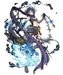 Rule 34 | 1girl, alice (sinoalice), asymmetrical clothes, axe, bandaged arm, bandaged leg, bandages, belt, black hair, blood, blood on face, chain, covered mouth, cuts, fake tail, full body, fur trim, hairband, holding, holding axe, injury, ji no, looking at viewer, navel, official art, red eyes, revealing clothes, scarf, scarf over mouth, short hair, sinoalice, solo, tail, torn clothes, torn scarf, transparent background
