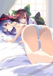 Rule 34 | 2girls, ;), ass, bare legs, bed, black hair, black headwear, blue hair, bow, commentary request, curtains, feet out of frame, food, fruit, green bow, green skirt, hair between eyes, hair bow, hand up, highres, hinanawi tenshi, indoors, lying, multiple girls, on stomach, one eye closed, panties, peach, red eyes, reiuji utsuho, shadow, shirt, skirt, smile, swept bangs, tetsurou (fe+), thighs, topless, touhou, underwear, white panties, white shirt, window