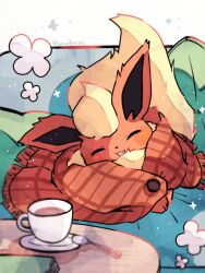 Rule 34 | blush, closed eyes, commentary, couch, creatures (company), cup, fang, flareon, game freak, gen 1 pokemon, hanabusaoekaki, highres, nintendo, no humans, on couch, open mouth, pillow, pokemon, pokemon (creature), saucer, solo, spoon, tea, teacup