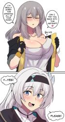 Rule 34 | 2girls, :d, absurdres, bare shoulders, black gloves, black hairband, black jacket, breasts, cleavage, commentary, firefly (honkai: star rail), gloves, grey hair, hairband, heart, highres, hinghoi, honkai: star rail, honkai (series), jacket, large breasts, long hair, looking at viewer, multiple girls, off-shoulder shirt, off shoulder, open mouth, parted lips, shirt, short sleeves, simple background, smile, speech bubble, stelle (honkai: star rail), trailblazer (honkai: star rail), upper body, white background, white hair, white shirt, yellow eyes