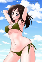 Rule 34 | 1girl, armpits, arms behind head, arms up, artist name, bikini, black hair, blue eyes, blue sky, breasts, cleavage, cloud, cloudy sky, commentary, cowboy shot, dated, day, girls und panzer, green bikini, halterneck, large breasts, long hair, looking at viewer, matsui yasutsugu, megumi (girls und panzer), navel, one-hour drawing challenge, open mouth, outdoors, side-tie bikini bottom, signature, skindentation, sky, smile, solo, standing, string bikini, swept bangs, swimsuit, wind
