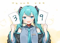 Rule 34 | 1girl, 39, aqua eyes, aqua hair, aqua necktie, bad id, bad pixiv id, bare shoulders, blush, clothes writing, collared shirt, copyright name, detached sleeves, gradient background, hair ribbon, hatsune miku, headset, holding, long hair, long sleeves, looking at viewer, necktie, ongyageum, paper, ribbon, shirt, solo, teeth, twintails, upper body, upper teeth only, very long hair, vocaloid, wide sleeves, wing collar, yellow background