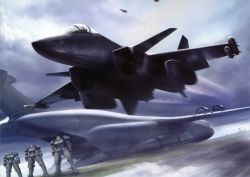 Rule 34 | 1990s (style), aircraft, airplane, airport, artist request, blurry, canards, cloud, fighter jet, flying, gundam, gundam wing, highres, jet, leo (mobile suit), mecha, military, military vehicle, missile, no humans, realistic, retro artstyle, robot, science fiction, sky, vehicle focus