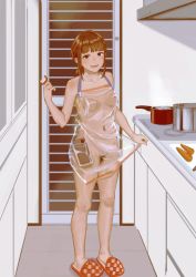 Rule 34 | 1girl, absurdres, apron, breasts, brown hair, carrot, cellphone, cooking, cutting board, female focus, female pubic hair, highres, holding, indoors, kitchen, looking at viewer, naked apron, original, phone, ponytail, pot, pubic hair, shimokori, slippers, small breasts, smartphone, smile, solo, stove, transparent