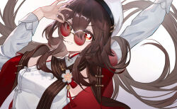 1girl arms_up beret breasts brown_hair dress eyewear_on_head genshin_impact grin hat highres hu_tao_(cherries_snow-laden)_(genshin_impact) hu_tao_(genshin_impact) long_hair long_sleeves looking_at_viewer open_clothes red_eyes sandol sleeveless sleeveless_dress small_breasts smile solo sunglasses upper_body very_long_hair white_background white_dress white_hat