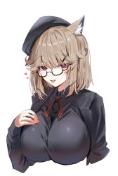 Rule 34 | 1girl, animal ear fluff, animal ears, arknights, beret, black-framed eyewear, black coat, black hat, black shirt, blush, breasts, brown hair, coat, hand on own chest, hat, heart, highres, horn/wood, large breasts, long sleeves, looking at viewer, official alternate costume, open clothes, open coat, open mouth, pink eyes, shirt, short hair, simple background, slit pupils, smile, solo, upper body, utage (arknights), utage (disguise) (arknights), white background