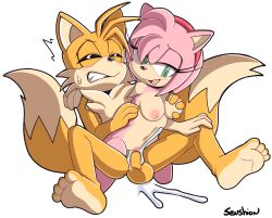 Rule 34 | 1boy, 1girl, amy rose, barefoot, blush, grabbing another&#039;s breast, breasts, clenched teeth, closed eyes, cum, cum in pussy, feet, fox, fox boy, grabbing, green eyes, headband, hedgehog, hetero, highres, nude, orgasm, penis, pussy, reverse cowgirl position, senshionart, sex, sex from behind, soles, sonic (series), straddling, tail, tails (sonic), teeth, toes