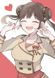 Rule 34 | 1girl, blush, breasts, brown hair, brown jacket, closed eyes, collarbone, commentary request, double bun, earrings, finger to own chin, hair bun, heart, idolmaster, idolmaster shiny colors, jacket, jewelry, long sleeves, medium breasts, open mouth, pepuko, red nails, red shirt, shirt, sidelocks, solo, sonoda chiyoko, twintails, upper body