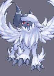 Rule 34 | absol, bright pupils, claws, creatures (company), game freak, gen 3 pokemon, long hair, mega absol, mega pokemon, nintendo, open mouth, pokemon, pokemon (creature), red eyes, simple background, soruva 359, white hair, white pupils, wings