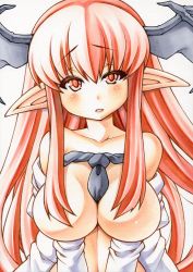 Rule 34 | 1girl, bare shoulders, between breasts, blush, breasts, collarbone, commentary request, demon girl, demon wings, female focus, graphite (medium), hair censor, head wings, juliet sleeves, koakuma, large breasts, long sleeves, looking at viewer, marker (medium), millipen (medium), naked shirt, necktie, necktie between breasts, no bra, no nipples, off shoulder, open clothes, open shirt, pointy ears, puffy sleeves, red eyes, red hair, shirt, simple background, slit pupils, solo, topless, touhou, traditional media, upper body, v arms, white background, wings, yutakasan-love