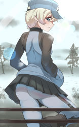 Rule 34 | 1girl, absurdres, ass, baseball cap, blaze (blazeillust), blonde hair, blue eyes, blush, breasts, closed mouth, from behind, girls und panzer, grey skirt, hands in pockets, hat, highres, jacket, keizoku military uniform, looking at viewer, microskirt, military, military uniform, outdoors, pants, pleated skirt, short hair, skirt, small breasts, solo, track jacket, track pants, uniform, youko (girls und panzer)