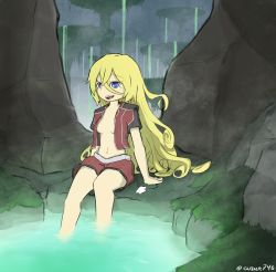 Rule 34 | 1girl, blonde hair, blue eyes, breasts, curly hair, eyelashes, feet in water, highres, jacket, legs, long hair, lyza (made in abyss), made in abyss, midriff, nature, navel, open clothes, open jacket, red jacket, red shorts, short sleeves, shorts, small breasts, teeth, very long hair, water, waterfall, whistle