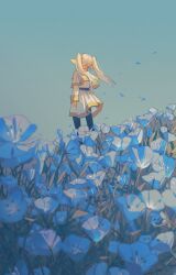 Rule 34 | 1girl, absurdres, black pantyhose, blue flower, blue sky, capelet, commentary, day, dress, earrings, elf, floating hair, flower, frieren, from behind, hashtag-only commentary, highres, jewelry, kurattes, long hair, long sleeves, outdoors, pantyhose, pointy ears, sky, solo, sousou no frieren, standing, twintails, white capelet, white dress, white hair