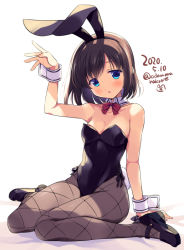 Rule 34 | 1girl, :o, animal ears, arm support, arm up, bad id, bad pixiv id, black footwear, black hairband, black leotard, blue eyes, blush, bow, breasts, brown hair, brown pantyhose, cleavage, collar, commentary request, dated, detached collar, fake animal ears, full body, hairband, high heels, leotard, looking at viewer, medium breasts, odawara hakone, onjouji toki, pantyhose, parted lips, playboy bunny, rabbit ears, red bow, saki, saki (manga), saki achiga-hen, shadow, shoes, signature, sitting, solo, strapless, strapless leotard, twitter username, wariza, white background, white collar, wing collar, wrist cuffs