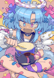 Rule 34 | 1girl, aqua hair, aqua pupils, asymmetrical clothes, bandaid, bandaid on leg, black gloves, black sailor collar, campanula, commission, detached sleeves, drooling, fang, food, gloves, hair ornament, halo, highres, holding, holding spoon, ice cream, ice cream tub, mismatched pupils, mizuno (okn66), mouth drool, open mouth, pink pupils, sailor collar, setou kanna, sidelocks, single detached sleeve, single glove, sitting, skeb commission, skin fang, solo, spoon, star (symbol), twintails, virtual youtuber, white wings, wings