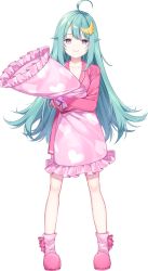 Rule 34 | 1girl, ahoge, artwhirl mahou gakuen no otome-tachi, blue hair, closed mouth, collarbone, crescent, crescent hair ornament, dress, euni (artwhirl), full body, hair ornament, heart, heart print, highres, long hair, long sleeves, looking at viewer, pajamas, pillow, pink dress, pink footwear, purple eyes, short dress, slippers, smile, socks, solo, standing, star (symbol), star hair ornament, straight hair, tachi-e, transparent background, very long hair
