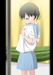 Rule 34 | 1girl, black hair, blue sailor collar, blue skirt, blurry, blurry foreground, blush, closed eyes, commentary, cowboy shot, expressionless, facing to the side, from side, highres, kuraue hinata, pleated skirt, profile, ryuuma (norinori taruto), sailor collar, school uniform, serafuku, shirt, short sleeves, short twintails, skirt, solo, standing, symbol-only commentary, twintails, undressing, voyeurism, white shirt, yama no susume