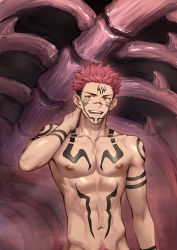 Rule 34 | 1boy, abs, arm tattoo, brown hair, chest tattoo, completely nude, extra eyes, facial tattoo, groin, hand gesture, hand on own neck, jujutsu kaisen, male focus, mosi l, navel, navel hair, nipples, nude, pectorals, pink hair, red eyes, ryoumen sukuna (jujutsu kaisen), short hair, shoulder tattoo, smile, solo, spiked hair, tagme, tattoo, toned, toned male, topless male, undercut, upper body