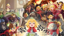 Rule 34 | 2girls, absurdres, blonde hair, blue eyes, christmas, closed eyes, eating, explosion, future knight, gift, glasses, guardian tales, hair ornament, hands up, helmet, highres, holding, holding weapon, huge filesize, jiki (gkdlfnzo1245), little princess (guardian tales), looking at viewer, monster, motor vehicle, motorcycle, multiple girls, multiple persona, multiple views, open mouth, red scarf, robot, scarf, short hair, smile, snowman, weapon