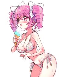 Rule 34 | 1girl, bikini, blush, breasts, collarbone, commentary request, cross, cross necklace, drill hair, floral print, food, groin, hair ornament, hair ribbon, halterneck, ice cream, ice cream cone, jashin-chan dropkick, jewelry, large breasts, looking at viewer, necklace, open mouth, pink eyes, pink hair, pino (jashin-chan dropkick), ribbon, short hair, side-tie bikini bottom, simple background, solo, standing, string bikini, swimsuit, twin drills, white background, yukiwo
