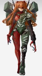 Rule 34 | 1girl, absurdres, armor, armored boots, bodysuit, boots, breasts, brown hair, cosplay, eva 02 (cosplay), evangelion: 3.0+1.0 thrice upon a time, expressionless, eyepatch, floating hair, full body, hair between eyes, hair ornament, highres, kataku musou, lips, long hair, looking at viewer, neon genesis evangelion, pilot suit, plugsuit, rebuild of evangelion, red bodysuit, shiny clothes, shiny skin, simple background, skin tight, solo, souryuu asuka langley, two side up, very long hair, white background, wide hips