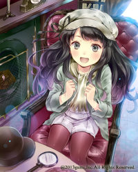 Rule 34 | 1girl, :d, armchair, black eyes, black hair, cabbie hat, chair, clenched hands, fireplace, hanekoto, hat, pantyhose under shorts, long hair, magnifying glass, museum, open mouth, original, pantyhose, scarf, shorts, sitting, smile, solo, wavy hair