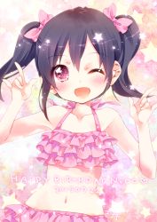 Rule 34 | 10s, 1girl, :d, \m/, bikini, black hair, blush, bow, character name, dated, double \m/, ech, frilled bikini, frills, gradient background, hair bow, happy birthday, looking at viewer, love live!, love live! school idol project, navel, nico nico nii, one eye closed, open mouth, pink bikini, red eyes, resolution mismatch, short hair, smile, solo, source larger, swimsuit, twintails, yazawa nico