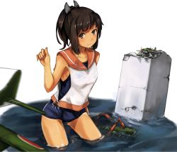Rule 34 | 10s, 1girl, aircraft, airplane, brown eyes, brown hair, highres, i-401 (kancolle), kantai collection, looking at viewer, maki (maki pei), ponytail, sailor collar, short hair, smile, solo, swimsuit, swimsuit under clothes, wading, water, wet