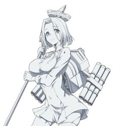 Rule 34 | 1girl, breasts, dress, glaive (polearm), gloves, greyscale, halo, highres, holding, holding polearm, holding weapon, kantai collection, kukurus, large breasts, long sleeves, looking at viewer, mechanical halo, monochrome, neck ribbon, polearm, ribbon, rigging, short hair, simple background, smile, solo, tatsuta (kancolle), thighhighs, weapon