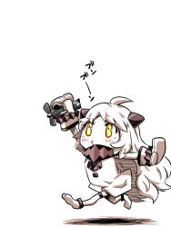Rule 34 | 10s, 1girl, abyssal ship, ahoge, aircraft, airplane, chibi, colored skin, dress, holding, horns, jin (mugenjin), kantai collection, long hair, looking at viewer, mittens, northern ocean princess, running, solo, translation request, white dress, white hair, white skin, yellow eyes