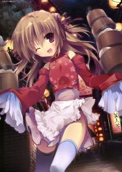 Rule 34 | 1girl, ;d, absurdres, apron, balancing, baozi, bare shoulders, brown hair, china dress, chinese clothes, detached sleeves, dress, fang, food, hair ribbon, highres, karory, lantern, long hair, night, night sky, no panties, one eye closed, open mouth, original, purple eyes, ribbon, sky, sleeves past wrists, smile, solo, stairs, thighhighs, white thighhighs, wink