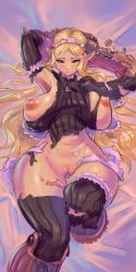 Rule 34 | 1girl, blonde hair, blush, breasts, breasts out, cutesexyrobutts, freckles, highres, large breasts, long hair, lying, maid, nipples, on back, pointy ears, pussy, queen&#039;s blade, queen&#039;s blade rebellion, solo, thighhighs, torn clothes, uncensored, vante, wide hips